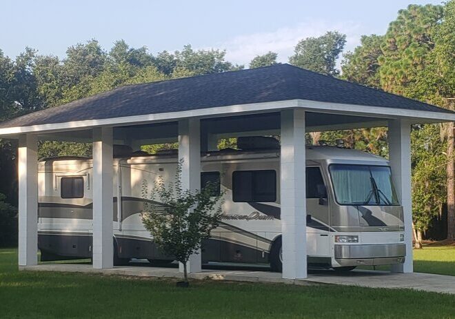 A shed with a bus